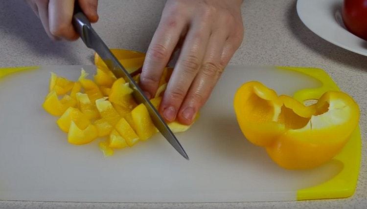 Also, dice, chop the bell pepper.