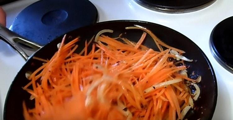 Last, add carrots to the pan and fry too.