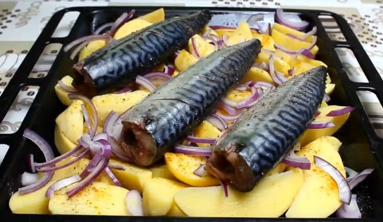 Lay onions on top of the potatoes, then spread the fish.