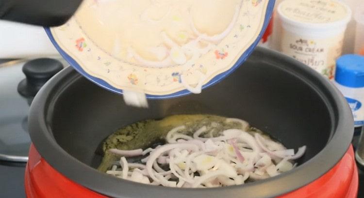 In a saucepan with a thick bottom, melt the butter and spread the onion to fry.