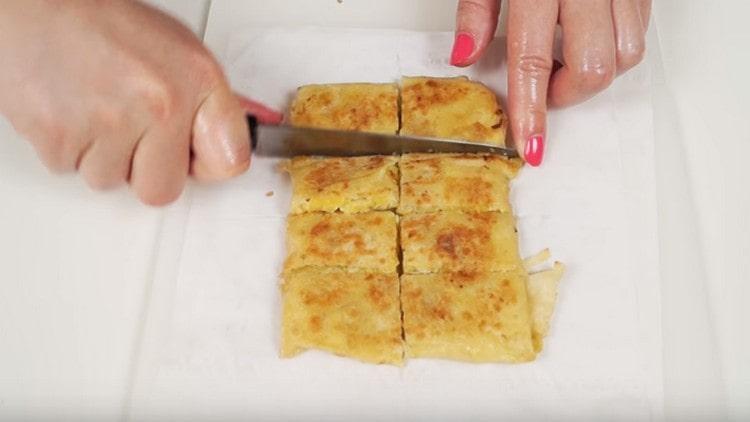 Finished pancake for serving, cut into pieces.