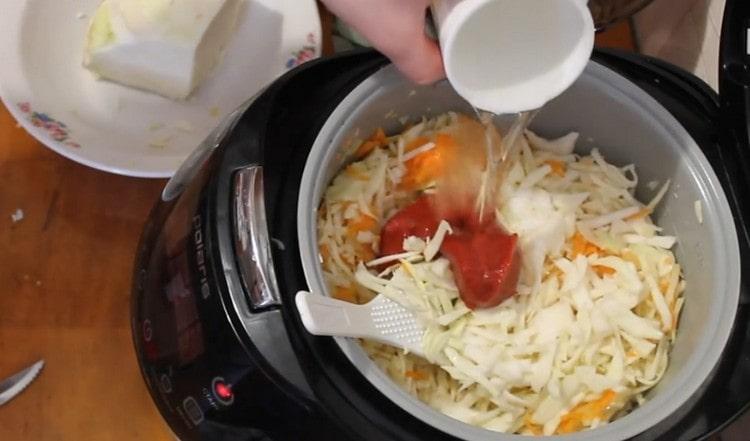 Add salt, tomato paste and water.