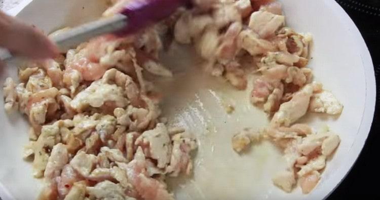 Fry the meat until cooked.