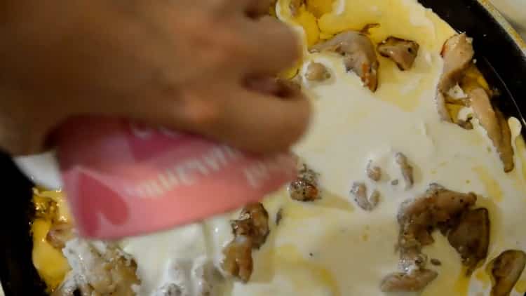 Add cream to make chicken in creamy sauce