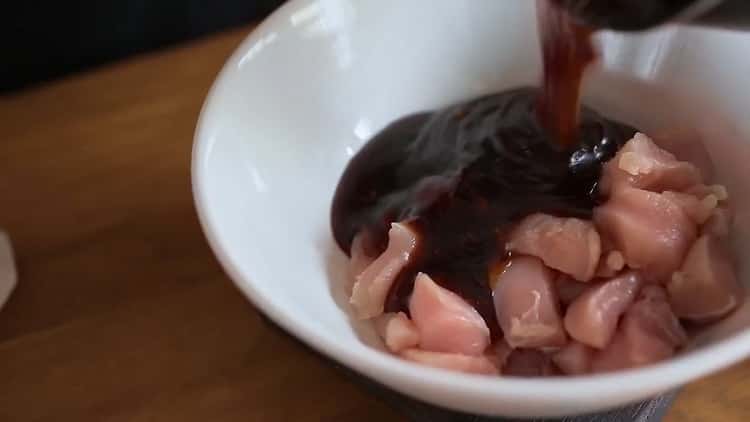 To cook chicken in teriyaki sauce, marinate the meat