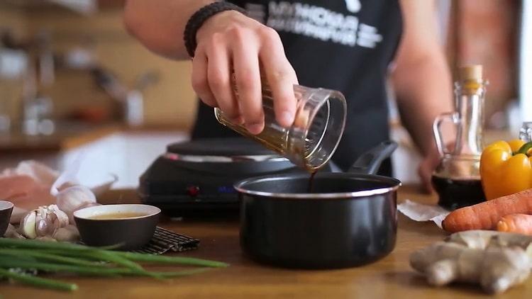 To make chicken in teriyaki sauce, prepare the ingredients