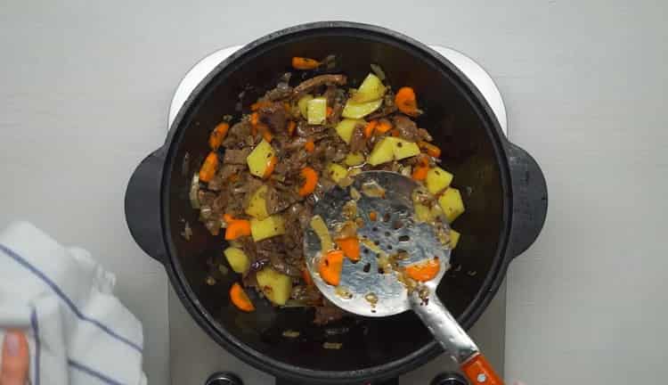 To cook beef lagman, chop the potatoes