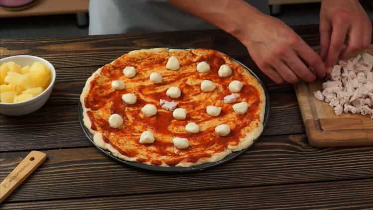 To make pizza with chicken and pineapple, prepare a form