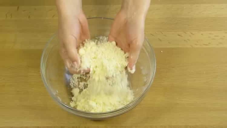 To make a cottage cheese pie, make crumbs of flour and butter