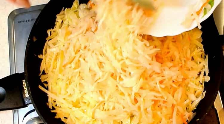 Combine sauerkraut and fresh cabbage and fry