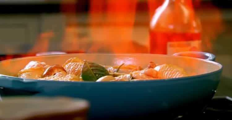 Add brandy to make chicken fricassee