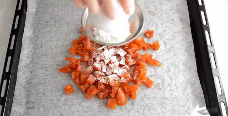 To make pumpkin candied fruit at home, prepare powdered sugar