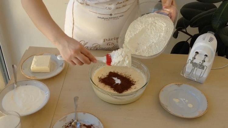 To make yogurt chocolate cake, mix the ingredients for the dough.