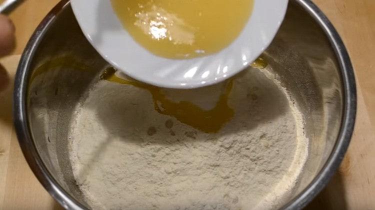 Then add vegetable oil, honey and salt.