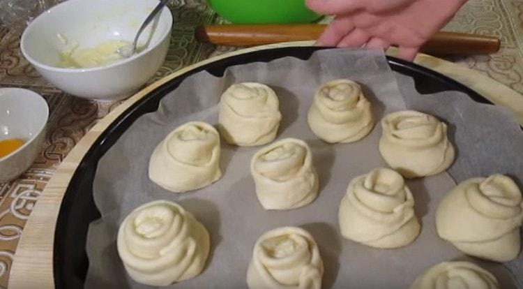 We spread the resulting buns on a baking sheet covered with parchment.