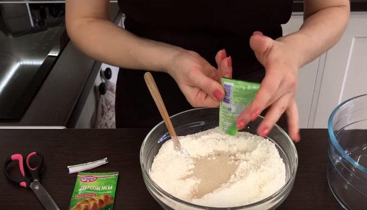Add dry yeast to the flour.