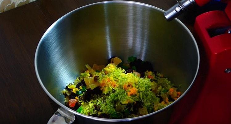 Add candied fruit, raisins, zest.