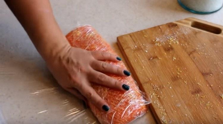 Then a piece of fillet must be wrapped in cling film.