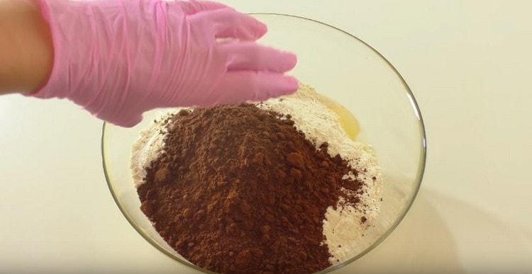 After the flour, add cocoa.