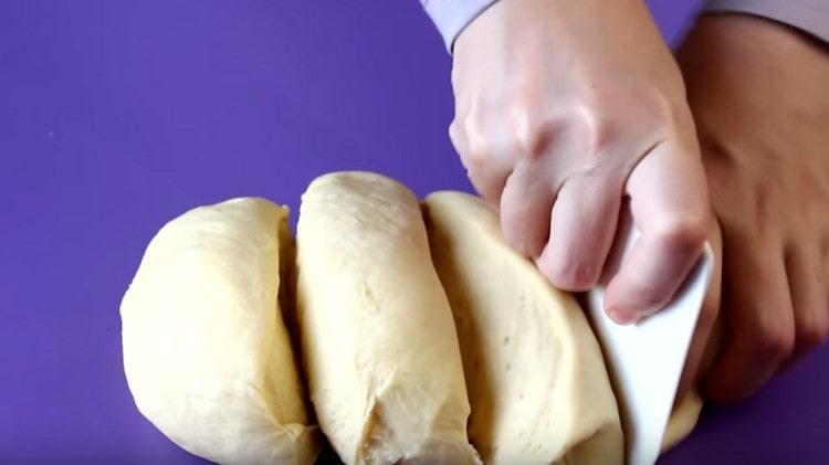 We divide the finished dough into 4 equal parts.