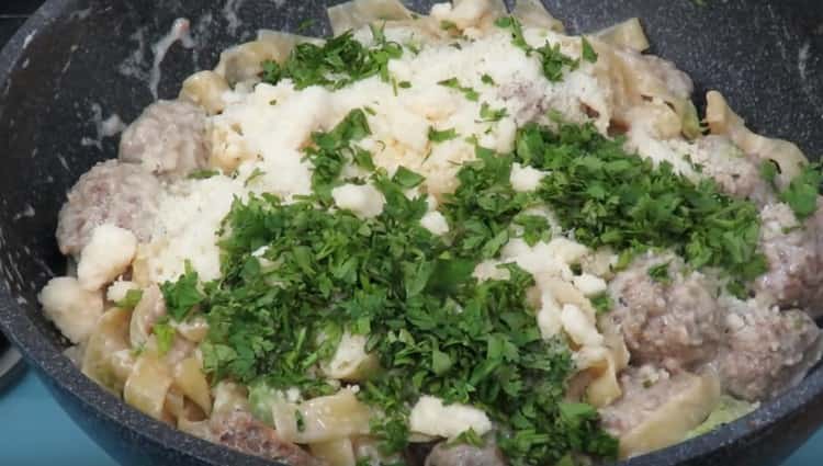 At the end, add chopped greens and parmesan to the pan.