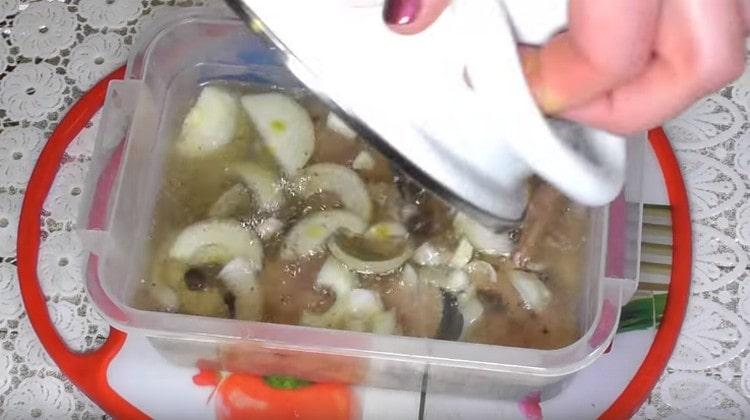 Put small pieces of fish, onions in a dish, pour everything with marinade.