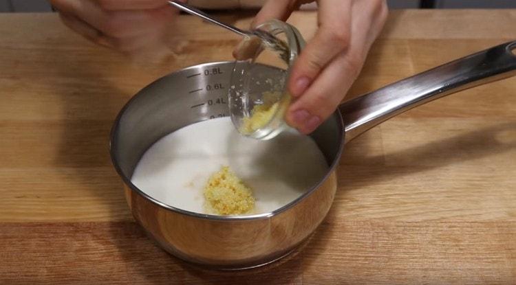 Add sugar and zest to the milk.
