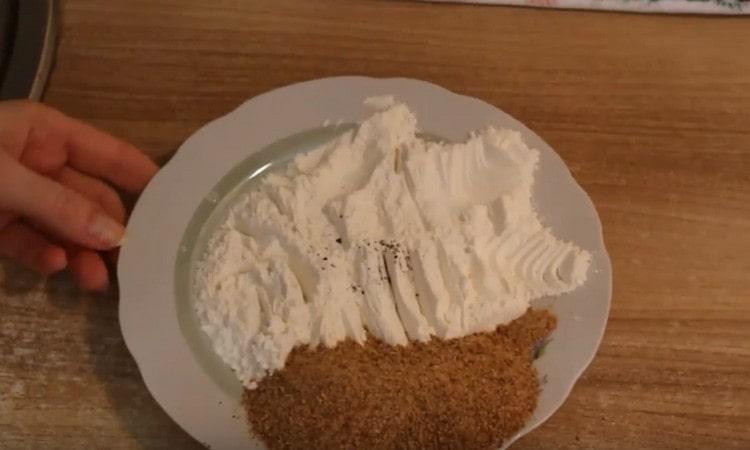 For breading, take flour and breadcrumbs.