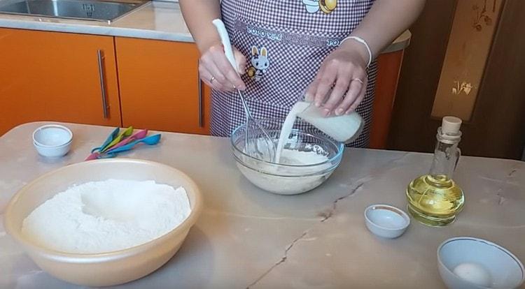 Mix dry ingredients with milk.
