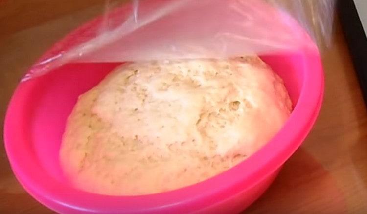 cover the dough with a film and leave it for a while so that it rises.