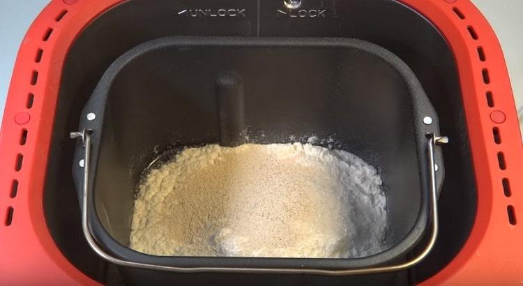 The dough can be kneaded in a bread machine, for this we just add all the necessary components for this.