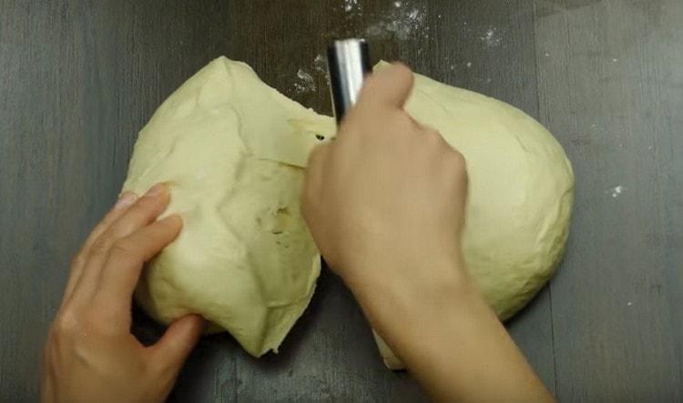 Divide the dough for cooking donuts in half.