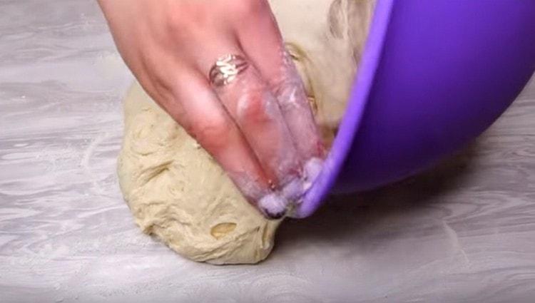 We shift the finished dough onto a table sprinkled with flour.