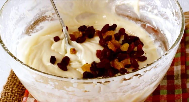 Add raisins and nuts to the dough.