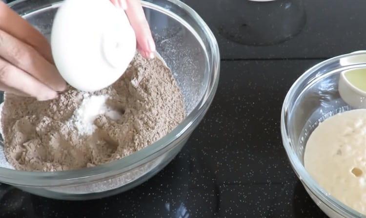 Add salt to flour, mix dry components.