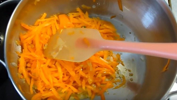 Cooking in vegetable oil from onions and carrots.