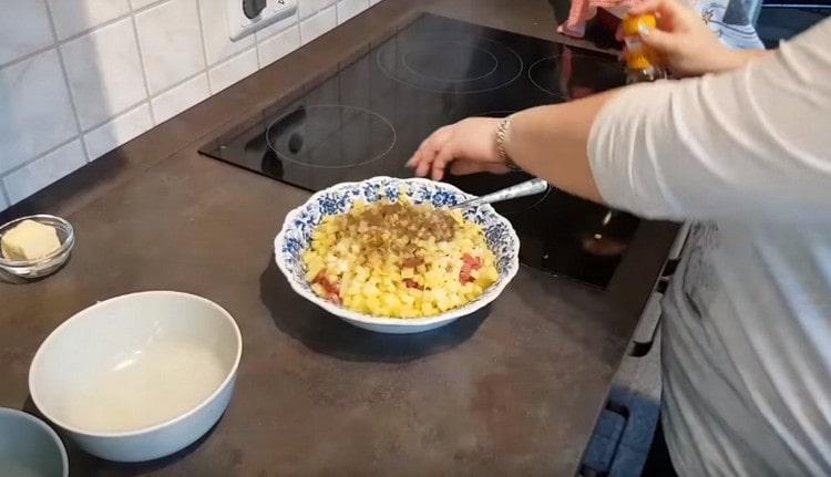 Salt, pepper stuffing, mix.