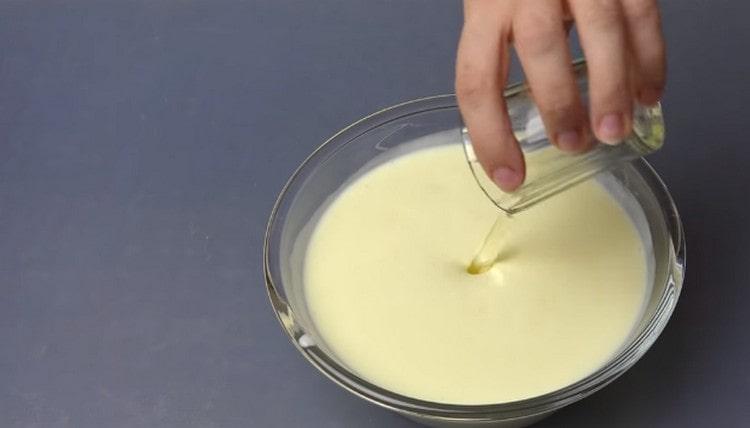 Add vegetable oil to the liquid components.