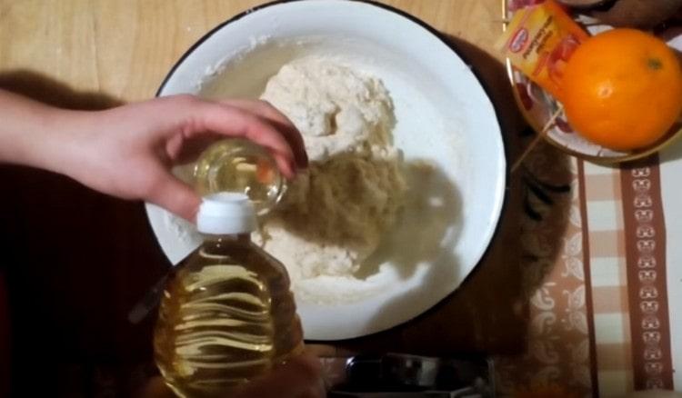 Pour in vegetable oil during kneading.