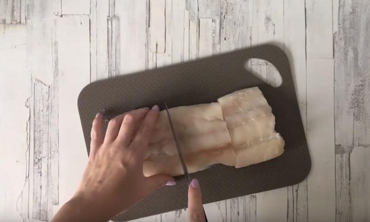 Cod fillet cut into 3 fairly large pieces.