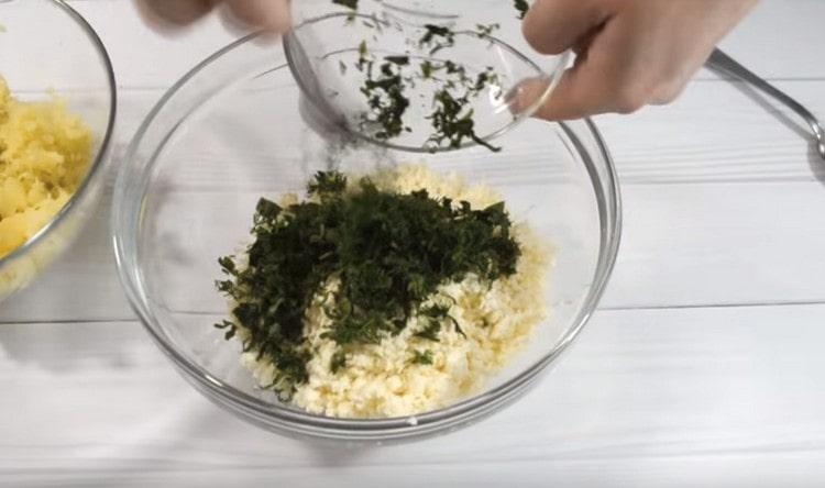 Add chopped greens to the cheese.