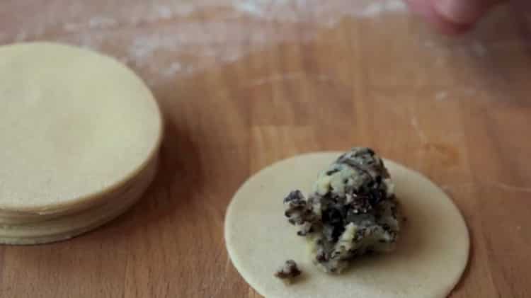 To make dumplings with mushrooms, put the filling on the dough