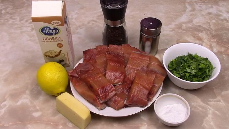 To prepare pink salmon in a creamy sauce, prepare the ingredients