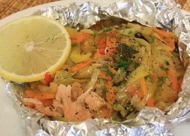 Oven baked pink salmon with vegetables in the oven foil