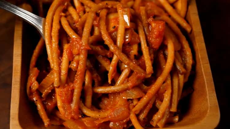 fried pasta in a pan ready