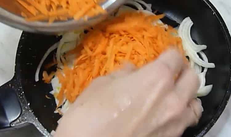 To cook pollock with vegetables, fry vegetables