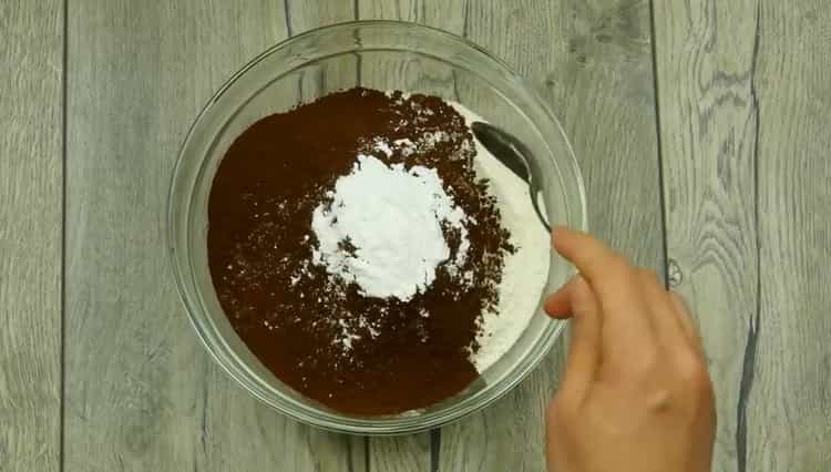 To make a chocolate muffin in the oven, according to the recipe, mix the ingredients