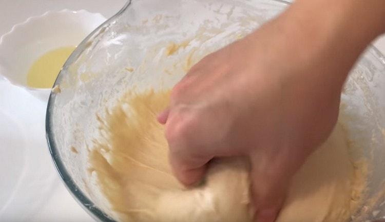 Knead the dough, it will be sticky.