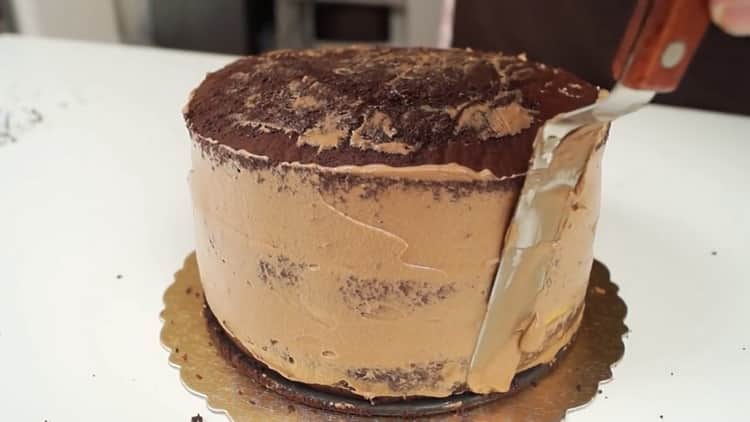 To make a chocolate banana cake, prepare all the ingredients