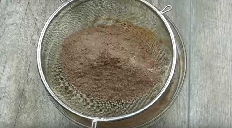sift flour with cocoa and baking powder through a sieve.